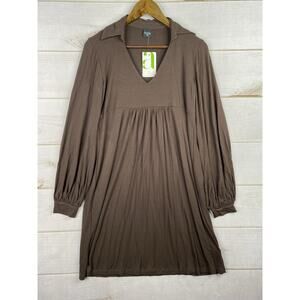 Olian Maternity Dress Sz L Brown Long Sleeve Pleated V Neck Knee Length NWT